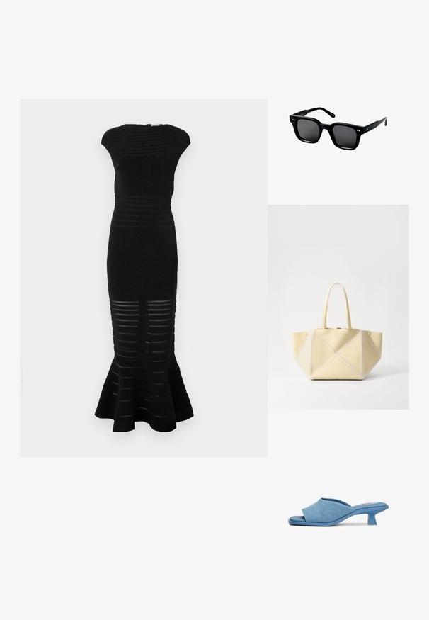 Fekete ruha, testhez simuló szilhuettel, bordázott textúrával és bővülő aljjal. Lábán csíkozott kivágásokkal és magas nyakkivágással rendelkezik.; Kék farmer hatású szandálok, keresztpántos kialakítással, alacsony geometrikus sarokkal és sima, textúrált felülettel.; Fekete műanyag négyzet alakú napszemüveg sötét lencsékkel, vastag kerettel, az elülső részen két kis díszítő ponttal és lapos templákkal.; Nanushka THE ORIGAMI  - Kézitáska - moonbeam/creme