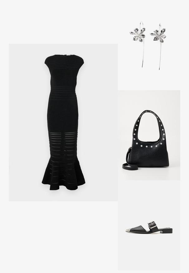 Must must, millede siluetiga, soonikkoesega ja lõhiku gamaate. Omab triibulisi lõikeid allosas ja kõrget kaelust.; Mustmust must sandaalid terava ninaga, metallik-hõbedase capiga ja reguleeritava kinnitusega rihmaga. Paindlik plokk-kand toetuseks.; Must ja tekstuuriga nahast käekott, mille ülemise serva ja käepidemete äärtes on hõbedased nupud. Kotil on lühike käepide ja eemaldatav õlavööt.; Hõbedased lillekujulised kõrvarõngad tekstureeritud viimistlusega, pikal konksul ja kroonlehtedetaoliste detailidega, moodustades keeruka disaini.