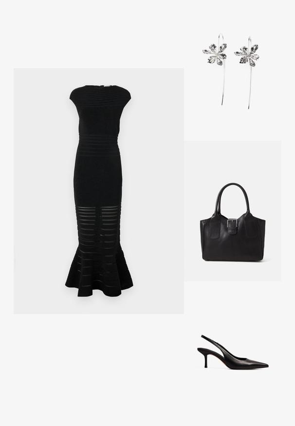 Sort kjole med en tætsiddende silhuet, ribbet tekstur og en flared kant. Har stribede udskæringer i bunden og en høj halsudskæring.; NA-KD Pumps - black; Sort læder tote taske med glat tekstur, struktureret form, to håndtag og en fremtrædende sølvspænde detalje på forsiden.; Sølvringe formet som blomster med en struktureret overflade, der har lange kroge og kronblad-lignende detaljer for et indviklet design.
