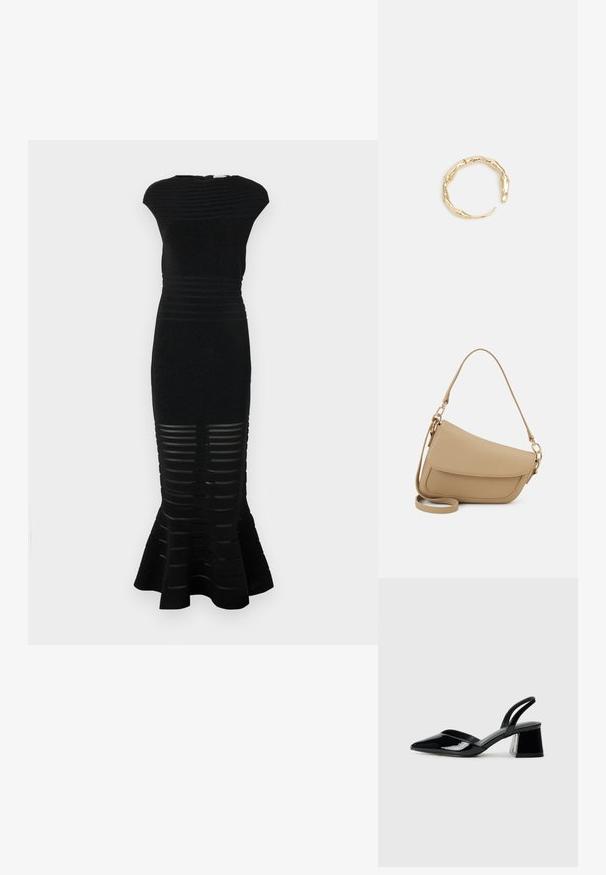 Črna obleka s prilegajočo silhueto, rebrasto teksturo in razširjenim robom. Ima črtaste izreze na dnu in visok ovratnik.; Črne lakirane slingback pete s koničastim nosom in geometrijsko blokasto peto. Imajo eleganten, minimalističen dizajn in gladko teksturo.; Even&Odd Torbica - beige; Zlati prstan s organskim, zvitim dizajnom, gladko površino in taperiranimi konci, ki ustvarja modernega, skulpturalnega videza.