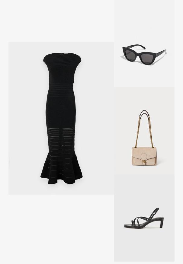 Melna kleita ar pieguļošu siluetu, ribota tekstūra un izplešanos apakšpusē. Iespējamie svītraini izgriezumi apakšā un augsta kakla izgriezums.; Melnas strappy sandales ar kvadrātveida purngaliem un zemu bloku papēdi. Ievērojamas ar vairākiem plāniem siksniņām un regulējamu potītes siksniņu. Izgatavotas no gludas ādas.; Melnas kaķa acs saulesbrilles ar matētu apdari, ar pelēkiem tonētiem stikliem, izteiktiem stūriem un elegantiem sānu rokturiem. Zīmola nosaukums redzams uz iekšējā roktura.; Beidzis zamšs roku somiņa ar zeltītām ķēdes siksnām, strukturēta taisnstūra forma, šūtas detaļas un zelta logotipa akcenti priekšpusē.; Zeltīti metāla auskari ar gludu, izliekta dizaina. Ar atšķirīgu smailu formu, pulētu virsmu un eņģu aizdari.