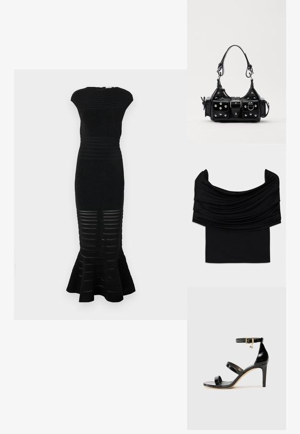 Robe noire avec une silhouette ajustée, texture côtelée et un ourlet évasé. Présente des découpes rayées en bas et un col haut.; Top noir décolleté avec un tissu drapé, texture douce et design ajusté. Présente un ourlet lisse et minimal à la taille.; Sandale en cuir verni noir avec trois brides, boucle de cheville et talon aiguille de 10 cm. Présente un détail en métal doré et un charm logo.; Sac à main en cuir noir au design courbé, avec des clous en argent, une boucle et deux poches latérales. Bandoulière réglable pour différentes options de transport.