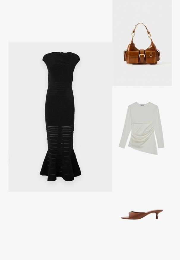 Schwarzes Kleid mit einer taillierten Silhouette, gerippter Textur und ausgestelltem Saum. Verfügt über gestreifte Ausschnitte am unteren Rand und einen hohen Ausschnitt.; Langärmliges cremefarbenes Oberteil mit Rundhalsausschnitt, das ein geschichtetes Design und Raffung im unteren Bereich aufweist. Weicher Stoff mit glatter Textur.; Braune offene Absatzmules mit glatter, matter Oberfläche, die ein geschwungenes Design und einen transparenten, verjüngten Absatz aufweisen.; Braune Lederhandtasche mit geschwungener Form, doppelter goldfarbener Hardware, zwei Fronttaschen und einem breiten Tragegurt. Glatte Textur mit elegantem Finish.