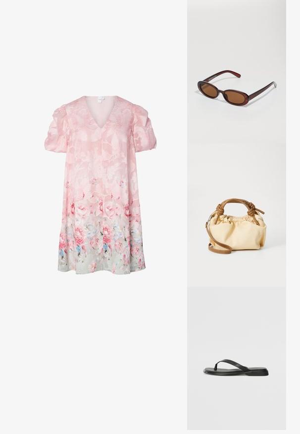 Vestido floral em rosa claro com mangas bufantes, decote em V e tecido transparente. Apresenta um padrão floral texturizado, com rosas e suaves tons de azul na barra.; Chinelo preto feito de couro liso, com um design de tira fina e sola baixa com um perfil minimalista. Sem padrões ou acentos notáveis.; Óculos de sol redondos, com uma tonalidade castanha e uma armação glossy em bordeaux. Braços finos com um detalhe discreto de marca. Design de lentes planas.; Pequena handbag de textura creme com alças de couro castanho e uma alça de ombro removível. Design franzido com detalhes de costura visíveis.