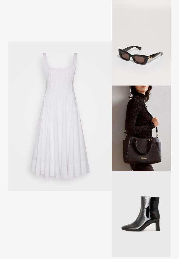 STAUD WELLS DRESS - Dnevna haljina - white; Crne lakirane kožne gležnjače s šiljastim prstom i srednje visokom blok petom. Glatka tekstura i minimalistički dizajn.; Crne kornjačaste sunčane naočale s pravokutnim lećama, smešnim tonom, debelim okvirom i zlatnim dvostrukim G logom na ručki.; Crna torba s teksturiranom površinom, dvostrukim gornjim ručkama i podesivom remenom za rame. Ima zlatne metalne detalje i bočne džepove.