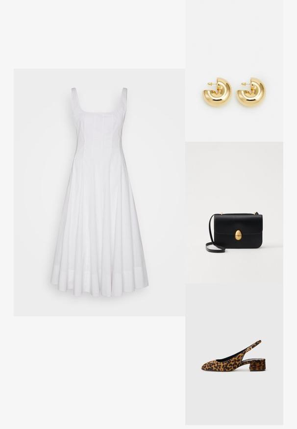 STAUD WELLS DRESS - Rochie de zi - white; Pantofii slingback pentru femei, cu imprimeu leopard, toc jos și cataramă aurie pe curea laterală, prezentați în profil lateral pe un fundal simplu.; Geantă de mână din piele neagră, cu o formă rectangulară structurată. Are un capac oval auriu și o curea subțire pentru umăr. Textură netedă.; Cercei din metal de culoare aurie, cu un design lucios și curbat. Prezintă o formă de jumătate de lună cu suprafețe netede și închidere cu tijă.