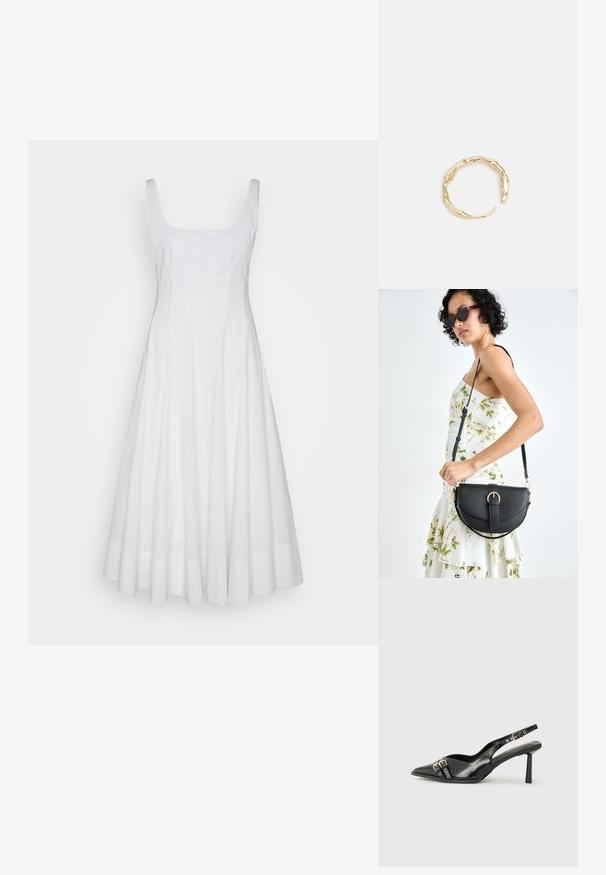 STAUD WELLS DRESS - Kasdienė suknelė - white; Juodas lakuotas odinis batelis su smailiu pirštu, kulkšnies dirželiais su sidabrinėmis sagtimis ir detalėmis, bei plonu kulnu.; Juodas odinis krepšys su išlenkta forma, nuimamu dirželiu ir auksiniais detalėmis. Krepšys turi kilpą su sagtimi.; Auksinės spalvos žiedas, turintis organišką, sukimosi dizainą su lygiu paviršiumi ir siaurėjančiais galais, sukuriantis modernią skulptūrinę išvaizdą.