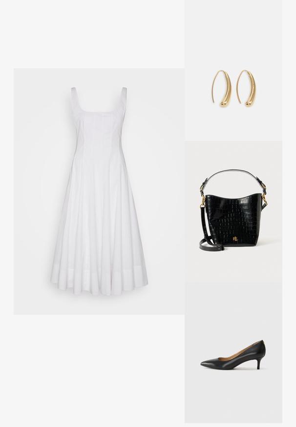 STAUD WELLS DRESS - Nappali ruha - white; Fekete bőrpumpa hegyes orral, alacsony sarokkal és sima felülettel. Elöl enyhe nyílással rendelkezik, hátul pedig minimális részletezéssel.; Fekete krokodil bőrhatású táska ívelt formával, arany színű fémalkatrészekkel, állítható pánttal és logó részlettel elöl.; Aranyszínű fémből készült karika fülbevalók ívelt, hosszúkás formával. Simaságával és fényes felületével, valamint lekerekített végével további részletekkel bővül.