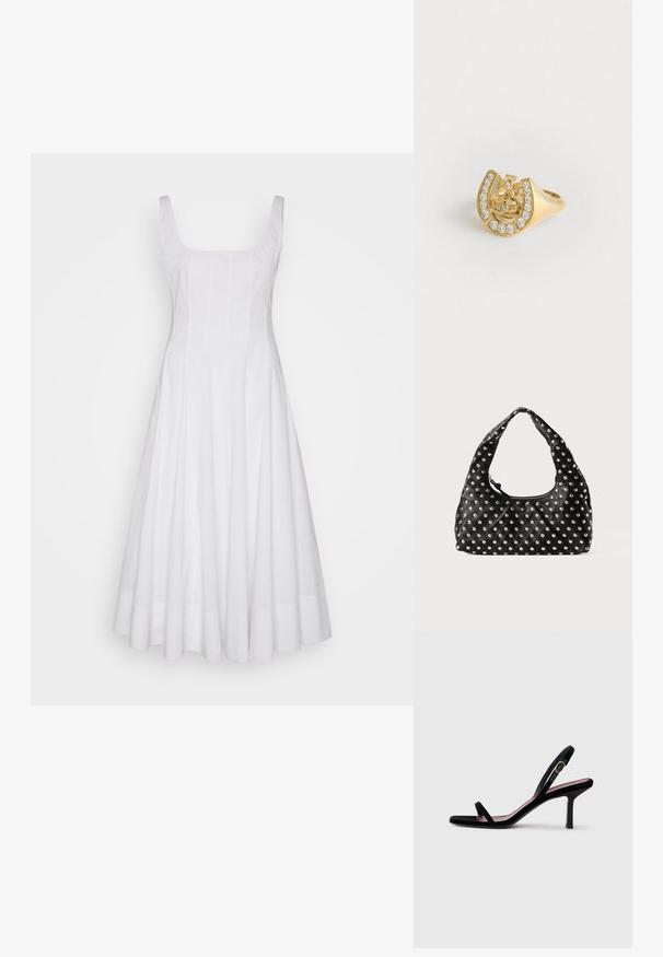 STAUD WELLS DRESS - Vapaa-ajan mekko - white; Mustat mokkanahkaiset naisten korkokengät ohuilla remmeillä ja kultaisella soljella valkoista taustaa vasten, sivukuva.; Mustassa nahkakäsilaukussa on kaareva kahva, ja sen pinnassa on tasaisesti jakautunut metallisten niittien kuvio. Vetoketjukiinnitys.; Kultainen sormus, jossa on kruunusuunnittelu hevosenkenkämuodossa, koristeltuna pienillä kirkkailla jalokivillä, valkoisella taustalla.