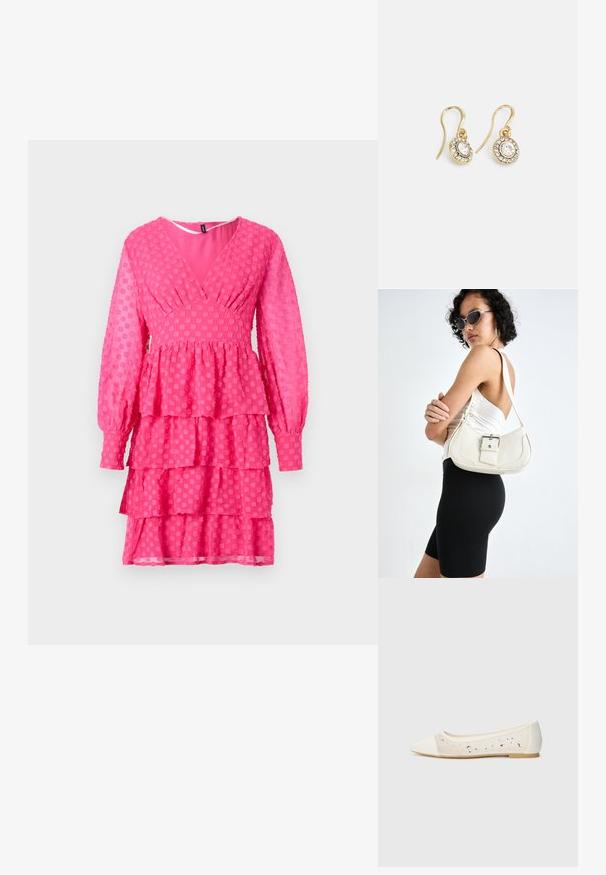 Ružičasta haljina s teksturom, V-izrezom, dugim napučenim rukavima, slojevitim volanima i kružnim uzorcima, izrađena od lagane tkanine.; Balerina s izduženim vrhom od krem kože s prozirnim gornjim dijelom i raspršenim rhinestones. Mekana potplat za udobnost, minimalistički dizajn.; Bijela kožna torbica s zakrivljenim oblikom, podesivim remenom i malim detaljem kopče. Model nosi usklađeni crni outfit.; Zlatne naušnice s ovalnim prozirnim kristalima okruženim manjim prozirnim kamenčićima, s dizajnom na kuku za sigurno nošenje.