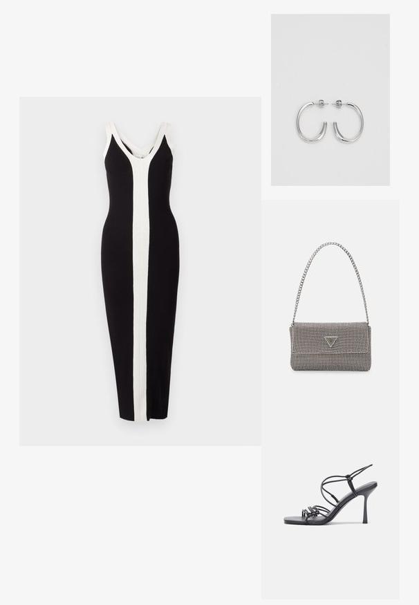 Pleteni brezrokavnik v črni barvi s kontrastnim belim navpičnim trakom, s V-izrezom in prilegajočim oblikovanjem, ki doseže do sredine meč.; Črne visoke sandale na peto imajo tanke naramnice z vozlom, gladek kvadratni toe in eleganten stiletto peto.; Svetlo siva kovinska torbica z verižnim ročajem, okrašena z majhnimi okroglimi kovinskimi bleščicami in trikotnim logotipom blagovne znamke.; Srebrne obročaste uhane z gladko, sijočo površino. Zaobljena oblika, lahka zasnova, z zapiranjem na zatič.