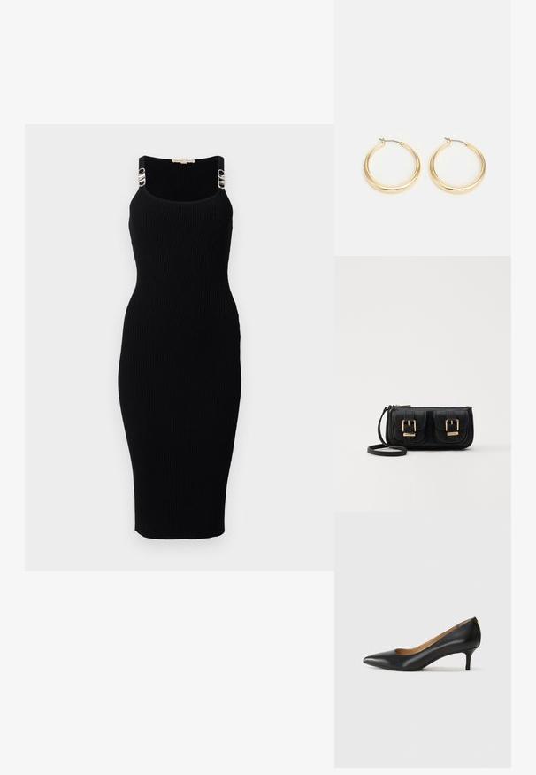 Fekete bordázott midi ruha, testhez simuló szabással, ezüst színű fém kiegészítőkkel a pántokon. Sima textúra és kerek dekoltázs.; Fekete bőrpumpa hegyes orral, alacsony sarokkal és sima felülettel. Elöl enyhe nyílással rendelkezik, hátul pedig minimális részletezéssel.; Fekete bőr keresztbody táska két elülső zsebbel, arany csattokkal, cipzáras záródással és vékony pánttal. Textúrált felület és kompakt téglalap alak.; Aranyszínű karika fülbevalók sima, kerek formával, vékony drótzárral és fényes felülettel, amely csillogó megjelenést kölcsönöz.