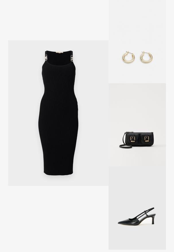 Rochie midi neagră, cu textura în riduri, având o formă ajustată și detalii din metal argintiu pe bretele. Textură netedă și decolteu tip scoop.; Pantofi cu toc slingback negri din patent, cu vârf ascuțit, cu imprimeu de șarpe texturat, curea ajustabilă și toc scurt texturat.; Geantă neagră din piele, tip crossbody, cu două buzunare frontale, catarame aurii, închidere cu fermoar și o curea subțire. Suprafață texturată și formă rectangulară compactă.; Lauren Ralph Lauren BASIC SMALL HOOP - Cercei - gold-coloured