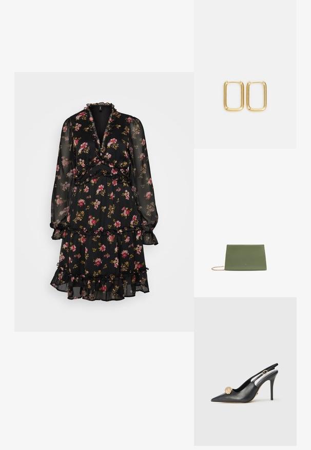Črna cvetna obleka iz prosojnega materiala, ki ima dolge rokave, naborke, slojevite plasti in oblika zavijanja z rožami v roza in rumeni barvi.; Črne usnjene črpalke na peto s koničastim nosom, z zlatim krogličnim okrasom in vitko peto. Imajo izrezljan dizajn okoli gležnja.; Zelena teksturirana usnjena torbica s ploskim dizajnom, ki ima verigo iz rožnatega zlata in natisnjen logotip na sprednji strani.; Zlati kovinski uhani v obliki kvadrata z gladkimi robovi in poliranim zaključkom, ki svetijo s sijočo površino.