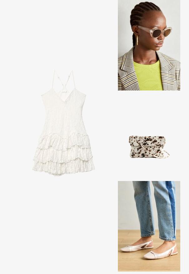 Weißes ärmelloses Spitzenkleid mit V-Ausschnitt, verstellbaren dünnen Trägern und gestuftem Rüschensahne-Detail.; Blassrosa Slingback-Ballerinas mit spitzem Punkt, aus einem glatten, lederähnlichen Material. Mit Ausschnitten an den Seiten und einem flachen Absatz.; Klare Cat-Eye-Sonnenbrille mit braunen Gläsern und transparentem Gestell. Modell trägt ein grünes geripptes Oberteil und einen karierter Blazer. Goldene Hoop-Ohrringe.; Kuhfell-Handtasche mit einer cremefarbenen Basis und dunkelbraunen Flecken, rechteckiger Form, umklappbarem Deckel und abnehmbarem Schultergurt.