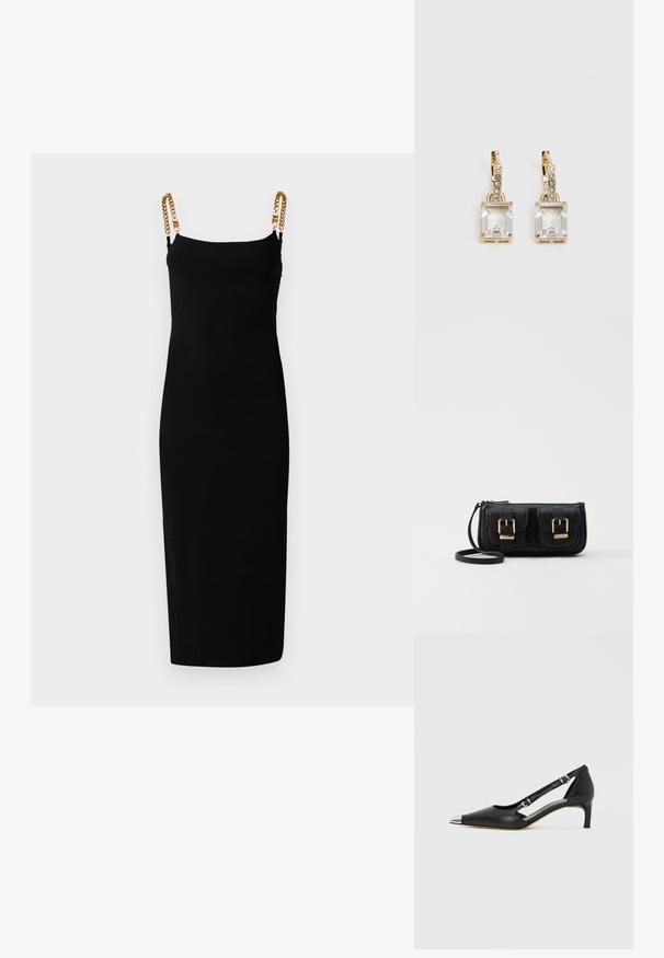 Robe noire sans manches avec une silhouette ajustée, ornée de chaînes en or sur les bretelles. Fabriquée en tissu extensible pour un maximum de confort.; Escarpin en cuir noir à petit talon en forme de kit avec embout pointu argenté et doubles sangles à boucle sur fond blanc.; Sac en cuir noir porté en travers avec deux poches avant, boucles dorées, fermeture zippée et une sangle fine. Surface texturée et forme rectangulaire compacte.; Boucles d'oreilles en or lumineux avec un cristal rectangulaire transparent pendent sous une rangée de petits accents ronds transparents. Design élégant et moderne.