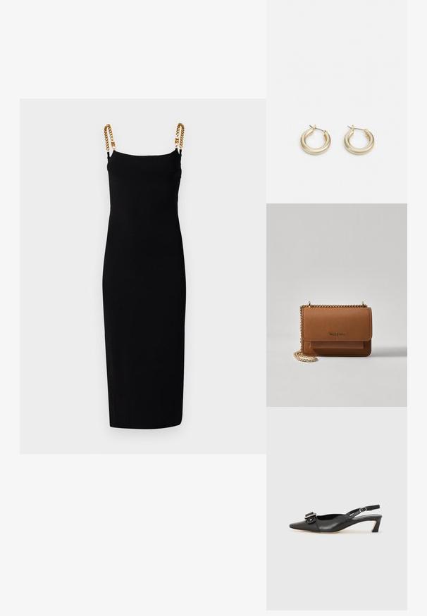 Vestido preto sem mangas com silhueta ajustada, apresentando detalhes em corrente dourada nas alças. Feito de tecido elástico para maior conforto.; Sandal com correia preta em pele, com bico fino, pequeno salto e detalhe de fivela decorativa na parte superior. Textura suave, design minimalista.; Bolsa crossbody de couro texturizado castanho com alça de corrente dourada e fecho com aba. A parte da frente apresenta detalhe do logótipo e um bolso sob a aba.; Lauren Ralph Lauren BASIC SMALL HOOP - Brincos - gold-coloured