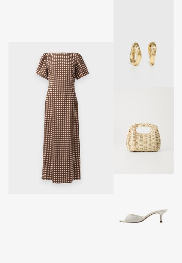 Rochie maro în carouri, cu mâneci scurte, siluetă dreaptă și decolteu pătrat. Prezintă un model în grilă în tonuri deschise și închise.; Mule-uri albe cu vârf deschis, cu toc înalt, cu un finisaj neted, design minimalist și un toc subțire, având un accent subtil de culoare maroniu pe talpă.; Geantă din paie țesută, de culoare bej deschis, cu un corp rotund, deschis în partea de sus și o curea detașabilă. Textură notabilă și model de țesătură complex.; Cercei din metal auriu, cu un design răsucit, având o textură îmbătrânită și o finisare netedă. Construcție ușoară și goală.