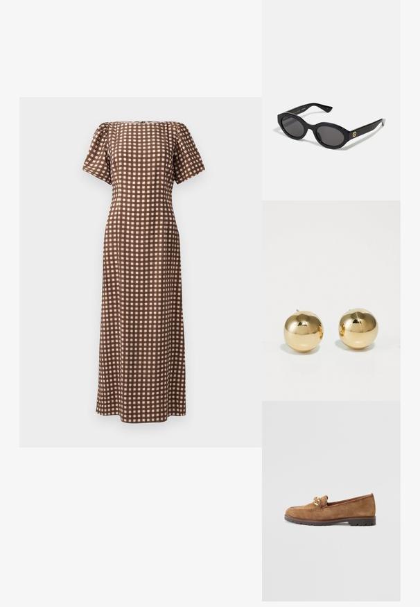 Barna kockás ruha rövid ujjakkal, egyenes sziluettel és négyzet alakú dekoltázzsal. Világos és sötét árnyalatokból álló rácsmintázattal rendelkezik.; Tamaris Belebújós cipők - camel; Fekete ovális napszemüveg sötét lencsékkel és fényes műanyag kerettel. Aranyszínű logóval rendelkezik a szárán, amely elegáns és modern megjelenést biztosít.; Arany gömb alakú fülbevalók fényes felülettel és kis tűvel. Simaság jellemzi őket, tükröződő felületük van.