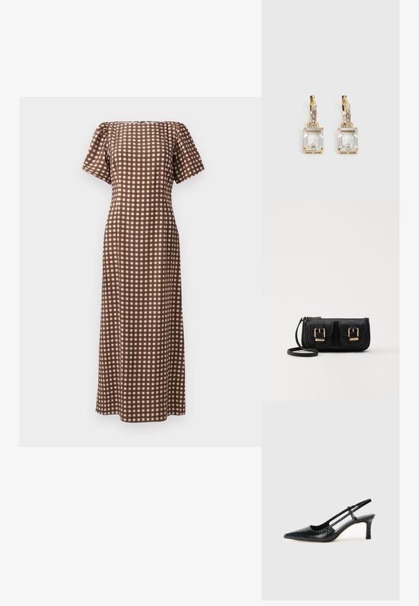Hnedé kockované šaty s krátkymi rukávmi, priamym strihom a štvorcovým výstrihom. Obsahujú mriežkový vzor vo svetlých a tmavých tónoch.; Čierne patentové slingback topánky na ihlovom podpätku s špicatou špičkou, s textúrovaným hadím vzorom, nastaviteľným popruhom a krátkym, textúrovaným blokovým podpätkom.; Čierna kožená crossbody taška s dvoma prednými vreckami, zlatými sponami, zipsovým uzatváraním a úzkym popruhom. Štruktúrovaný povrch a kompaktný obdĺžnikový tvar.; Náušnice v zlatej farbe, ktoré majú obdĺžnikový, transparentný kryštál visiaci pod radom malých, guľatých, čírych akcentov. Elegantný, moderný dizajn.
