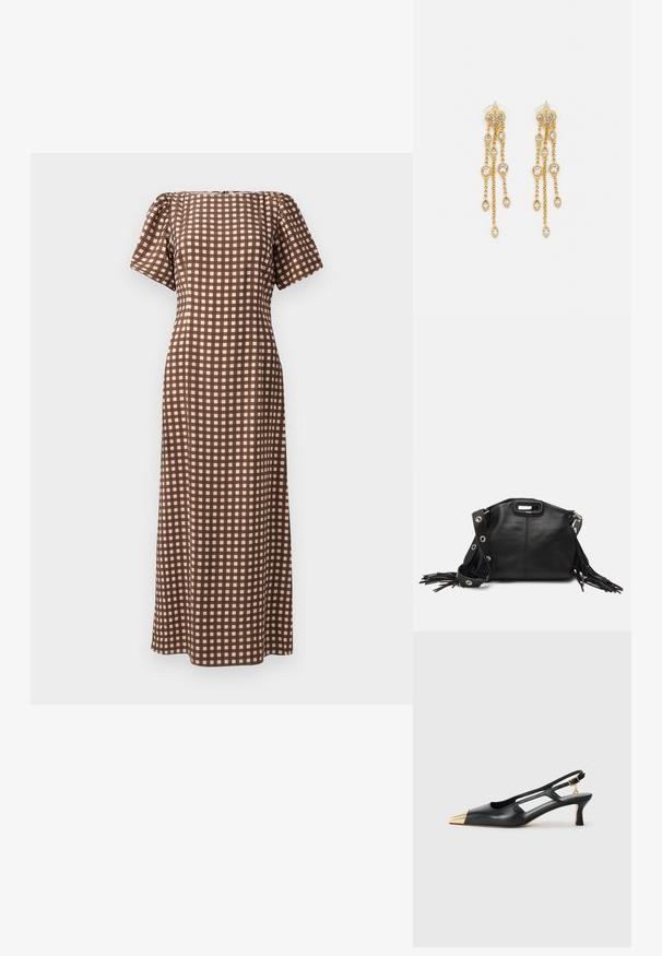 Braun karierter Dress mit kurzen Ärmeln, gerader Silhouette und quadratischem Ausschnitt. Es hat ein Rautenmuster in hellen und dunklen Tönen.; Schwarze Leder-Slingback-Schuh mit spitzem Zeh und goldfarbener Metallic-Kappe. Verfügt über ein Ausschnittdesign und einen schlanken Absatz mit verstellbarem Riemen.; Maje MISS MINI - Umhängetasche - noir; Goldtonige Ohrringe mit mehreren kaskadierenden Ketten, verziert mit klaren ovalen Strasssteinen und dekorativen Ohrsteckern.