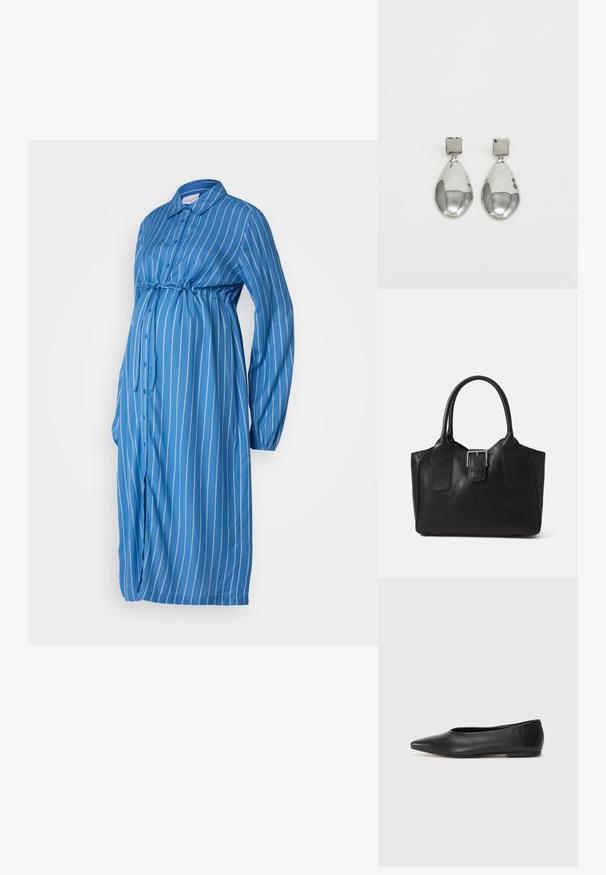 Modra prugasta nosečniška obleka, dolgi rokavi, gumbaste zapore, zavezovanje pod prsi, lahkoten material, pol-ohlapen kroj, ukrivljen rob.; Črne usnjene balerinke, koničast toe, minimalističen dizajn, gladka tekstura, nizka peta, brez vidnih kovinskih delov ali okraskov.; Črna usnjena torba s gladko teksturo, strukturirano obliko, dvema ročkama in izrazitim srebrnim sponko na sprednji strani.; Srebrni uhani z kvadratnim studom, ki imajo gladko, polirano površino in obliko kapljice, ki odbija svetlobo z sijočo površino.