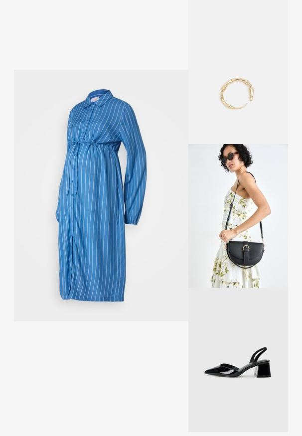 Sinine triibuline emade kleit, pikkade varrukatega, nupuga ees, sidumise detail rinna all, kerge kangas, poolenisti vabalt istuv, kõver hem.; Mustad musta lakknahk kingad, millel on terav varvas ja geomeetriline plokkkonts. Omab elegantselt minimalistlikku disaini ja sujuvat tekstuuri.; Mustmust mustraha kõverate joontega, eemaldatava rihmaga ja kuldsete detailidega. Kotil on klapp, millel on pandladetail.; Kuldtoonis sõrmus, millel on orgaaniline, keerdunud disain sileda tekstuuri ja kitsenevate otstega, luues kaasaegse skulptuurilise välimuse.