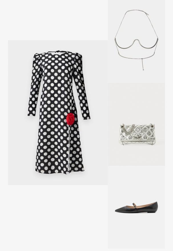 Black dress with white polka dots, long sleeves, and gathered shoulder detail. Features a red rose accent on the front hem.; Black leather ballet flats with a pointed toe and a side strap featuring a circular gold accent. Lightweight with a flat sole.; Silver metallic handbag with chain handle, quilted texture, decorative stitching, and a zip closure. Features embossed accents on the front.; Cult Gaia ASHA BODY JEWELRY - Other accessories - bright shiny silver-coloured
