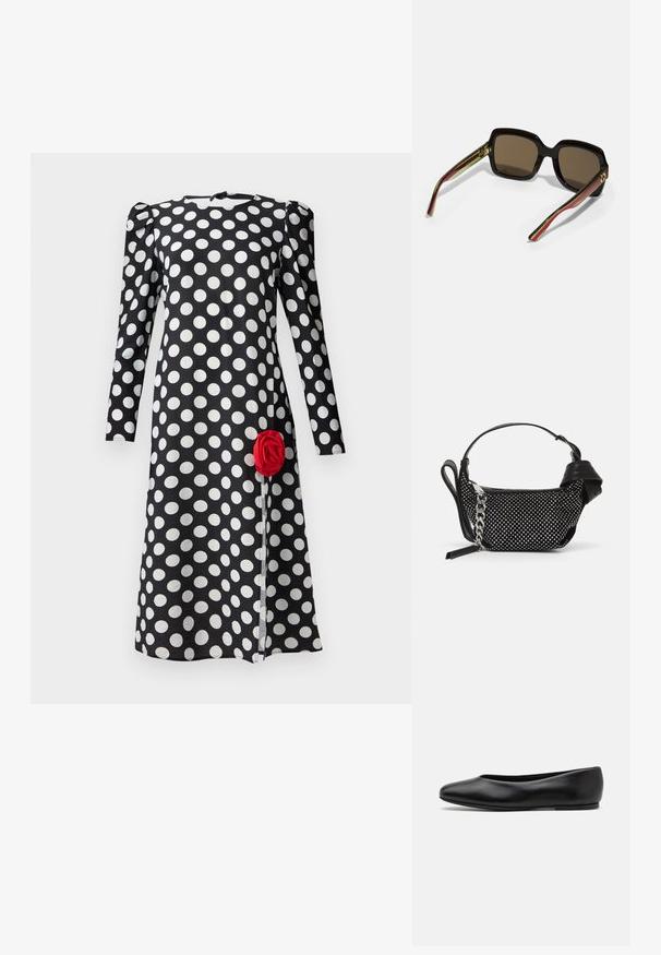 Crna haljina s bijelim točkicama, dugim rukavima i nabranim detaljima na ramenima. Ima akcenat crvene ruže na prednjem rubu.; Paul Smith TOPANGA - Balerinke - black; Crne velike sunčane naočale s smešnim staklima. Imaju jedinstvene prugaste krake u zelenoj i crvenoj boji, sa zlatnim hardverskim detaljima. Kvadratnog su oblika.; Crna torbica s ukrasima od studenaca, lančanim remenom i glatkom kožnom drškom, zaobljenog oblika i zatvorenim odjeljkom na zip.