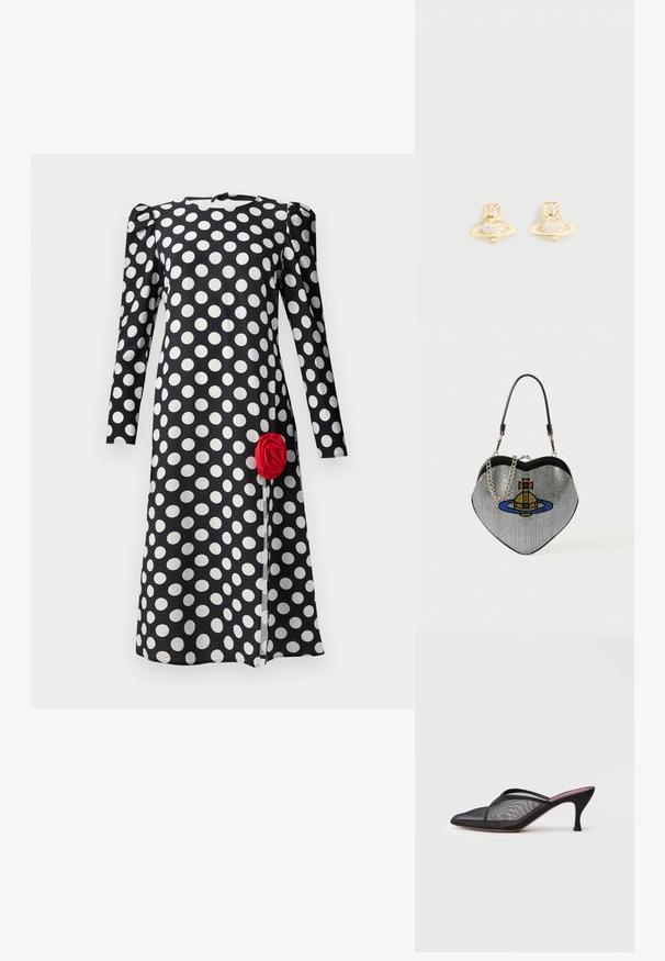 Čierne šaty s bielymi bodkami, dlhé rukávy a zhrnuté detaily na pleciach. Na prednom okraji majú červenú ružu ako ozdobu.; Čierne sieťované muly s špicatou špičkou, tenkými popruhmi a 3-palcovým ihlovým podpätkom. Obsahujú priehľadnú textúru a pevnú tónovú podrážku.; Taška v tvare srdca vyrobená z mriežkového materiálu s kovovým vzhľadom, so vzorom mačky a planéty v modrej, žltej a červenej farbe. Obsahuje reťazový popruh.; Náušnice so zlatým odtieňom v tvare Saturna s textúrovaným pásom a osadenými kruhovými kryštálmi pre väčší lesk.