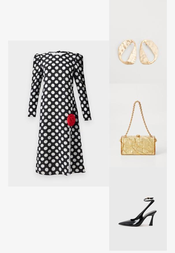 Rochie neagră cu buline albe, mâneci lungi și detalii prinse pe umeri. Prezintă un accent cu trandafir roșu pe marginea din față.; Sandale cu toc înalt din piele patent neagră, cu vârf ascuțit, curea ajustabilă la gleznă și toc mediu pătrat. Textură netedă cu un finisaj lucios.; Geanta dintr-un material auriu cu o textură șifonată, având o formă rectangulară, dotată cu un sistem de prindere cu lanț și un zăvor în partea de sus. Finisaj neted și strălucitor.; O pereche de cercei din metal de culoare aurie, cu formă ovală neregulată, având o suprafață texturată, ușor ciocănită, pe un fundal alb.
