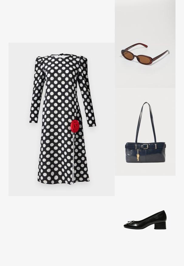 Rochie neagră cu buline albe, mâneci lungi și detalii prinse pe umeri. Prezintă un accent cu trandafir roșu pe marginea din față.; Pantofii din piele lacuită neagră, cu vârf rotunjit, toc mic și accent cu fundiță în față. Textură netedă cu un finisaj strălucitor.; Ochelari de soare rotunzi, cu nuanțe de brown și cu un cadru lucios de burgund. Brațe subțiri cu detalii subtile de branding. Design cu lentile plate.; Geantă de piele bleumarin cu două mânere lungi, detaliu cu cataramă și un breloc atașat. Are o textură netedă și o formă rectangulară.