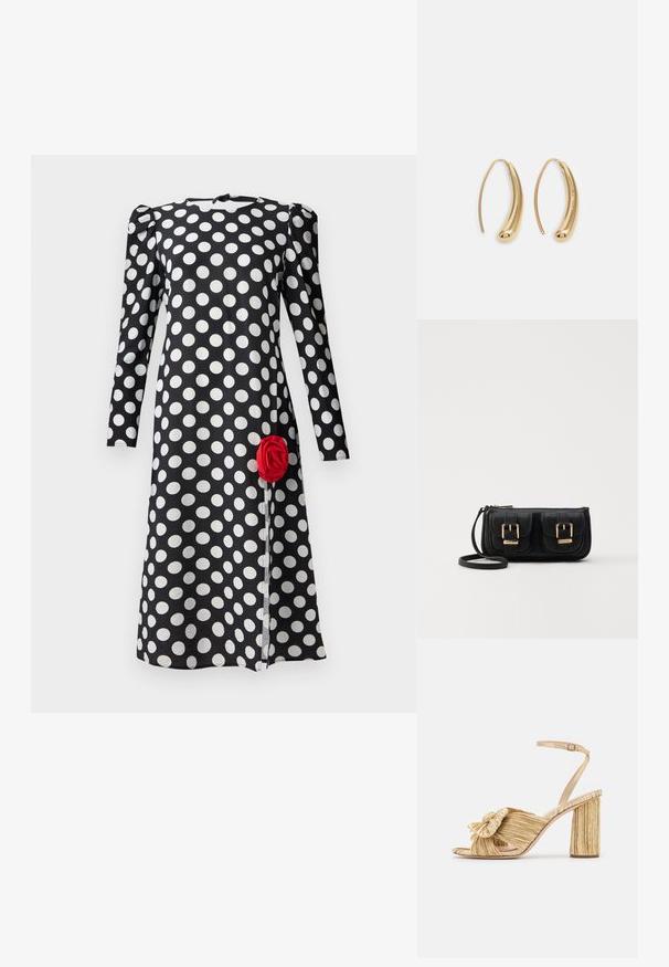 Musta mekko, jossa on valkoisia pilkkuja, pitkät hihat ja frilla kauluksessa. Edessä helmaosassa on punainen ruusuyskä.; Kultaiset korot sandaalit, joissa on solmittu etuosa, laskostettu pinta ja nilkkaremmi. Paksu korko on uritettu, mikä parantaa pitoa.; Musta nahkainen olkalaukku, jossa on kaksi etutaskua, kultaiset soljet, vetoketjukiinnitys ja kapea hihna. Teksturoidun pinnan ja kompaktin suorakaiteen muoto.; Korvakorut kultasävytteistä metallista, joissa on kaareva, pitkänomainen muoto. Ominaisuuksiin kuuluu sileä, kiiltävä pinta ja pyöreä kärki lisäyksinä.