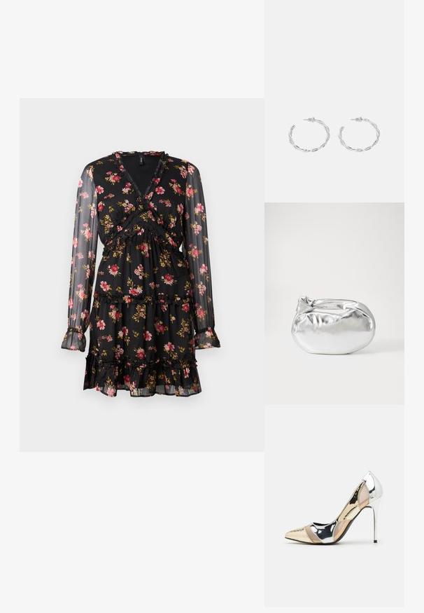 Must have lilled mustriga mustakkas kleit, millel on läbipaistvad pikad varrukad. Omab pakse disaini, volangakestes ja kihilist seelikut roosa ja kollase lillemustriga.; Kitsas toe kõrge kontsaga kingad, millel on hõbedane, kuldne ja nude värvilahendus. Läikiv viimistlus lõikekujundusega, stiletto konts.; Hõbedane metallikoti kott pehme, ümar kuju ja sõlme ülemise sulgemisega. Valmistatud siledast kunstnahast materjalist.; Hõbedased rõngaskõrvarõngad keerutatud disainiga, millel on poleeritud viimistlus ja posti-tagune sulgemine. Diameeter umbes 3 cm.