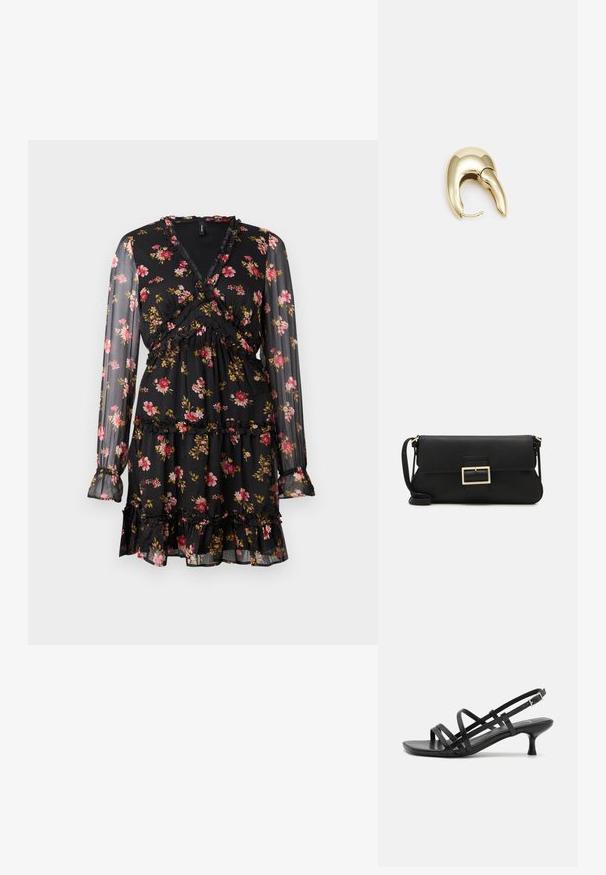 Rochie neagră cu imprimeu floral, cu mâneci lungi transparente. Are un design tip wrap, accente volanase și o fustă stratificată cu modele florale roz și galbene.; Sandale negre cu toc, cu mai multe curele încrucișate. Material neted, vârf ascuțit și toc subțire. Curea ajustabilă la gleznă cu cataramă.; Geantă de mână din piele neagră, cu clapetă și un detaliu din metal auriu. Include o curea neagră și un design elegant, minimalist.; Cercei din metal de culoare aurie cu un design elegant și curbat. Prezintă o formă distinctivă, ascuțită, o suprafață lustruită și un sistem de închidere cu balama.