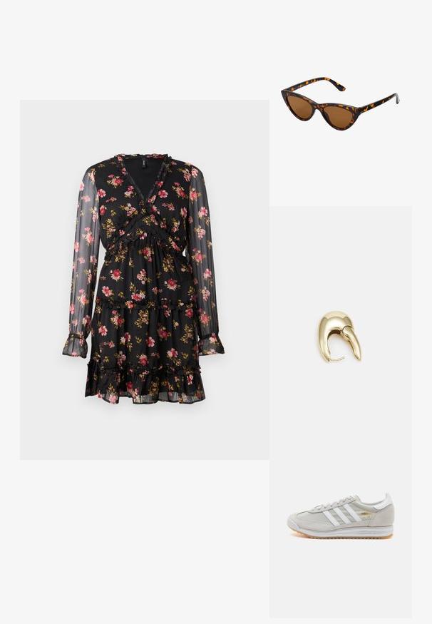 Svart blommig klänning med genomskinliga långa ärmar. Har en omlottdesign, volangdetaljer och lagerkjol med rosa och gula blommönster.; Ljusgrå sneaker i mocka och mesh, med tre vita ränder, rund tå och en sula av gummi. Guldlogotyp som accent vid snörningen.; Kattögon-solglasögon med en ram i svart och orange sköldpaddsmönster, bruna linser och smala, spetsiga tips. Har en minimalistisk logotyp på bågen.; Örhänge i guldtonad metall med en elegant, böjd design. Har en distinkt spetsig form, polerad yta och gångjärnslås.