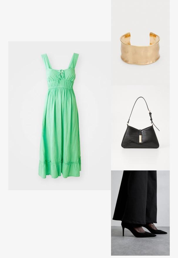 Robe maxi verte sans manches avec un corsage froncé, un détail de nœud à l'avant et un ourlet volanté. Fabriquée en tissu léger et texturé.; Des chaussures à talons hauts en suede noir avec des bouts pointus, portées avec un pantalon large noir, présentent un design élégant et un léger éclat.; Sac à main noir en matériau imitation croco, doté d'une forme triangulaire, d'une fine sangle pour l'épaule et d'un accent en métal doré au centre.; Bracelet à manche doré avec une surface lisse et ondulée, présentant un intérieur texturé et un design ouvert, créant une forme organique.