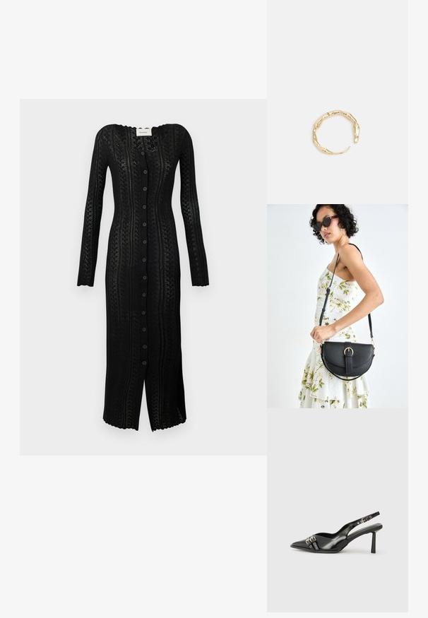 Garšs melns adīts kardigāns-kleita ar V veida kakla izgriezumu, pilna garuma piedurknēm, pogu aizdari un sarežģītu mežģīņu rakstu visā.; Melnā patentēta ādas sandale ar norādītu purngalu, potītes siksniņām ar sudraba sprādzēm un aparatūru, kā arī smalku papēdi.; Melnas ādas rokassoma ar izliekta formu, noņemamu siksnu un zelta aksesuāriem. Somai ir vāciņš ar sprādzes detaļu.; Zelta toņa gredzens ar organisku, vērptu dizainu, gludu virsmu un sašaurinātiem galiem, radot mūsdienīgu, skulpturālu izskatu.