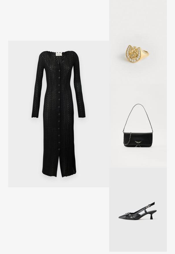 Hosszú fekete kötött kardigán ruha V-nyakkal, teljes hosszúságú ujjakkal, gombos záródással, és bonyolult csipkeszerű mintázattal az egész anyagon.; Fekete bőr slingback cipő hegyes orral, dekoratív pántokkal, fém szemekkel és alacsony blokk sarkú. Texturált felület.; Fekete bőrtáska ezüstlánc pánttal, díszes szárnyakkal és fehér varrással az alsó varrat mentén.; Arany gyűrű, a belsejében koronával és patkómintával, apró, tiszta drágakövekkel díszítve, fehér háttér előtt.