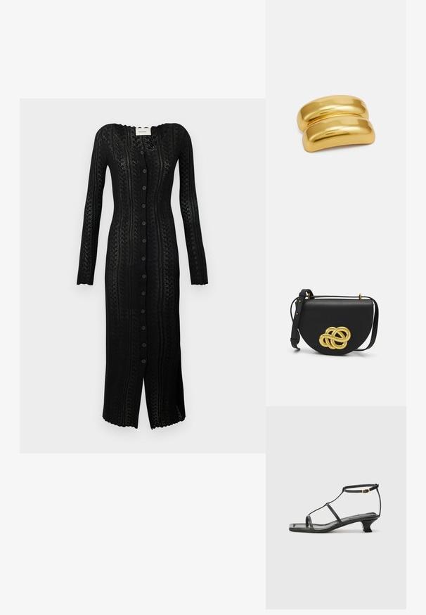 Pikad musta lõnga kudumiga kardigan-kleit V-kaelusega, täispikkade varrukatega, nööbiga kinnitamisega ja keeruka pitsitaolise mustriga.; Must värviline nahk sandaal ruudukujulise varbaga, õhukeste rihmadega, kohandatava pahkluu rihmaga ja madala kandaga. Rihmal on väike kuldne aktsent.; Must mustamahine nahkrahakott ümarate kujuga, millel on ees suur kuldne dekoratiivne sõlm ja reguleeritav rihm.; Kuldse metallist juukseklamber sileda ja ümarat kujundust. Pind on peegeldav, omades ühte seotud kõverat kuju ilma lisakaunistusteta.