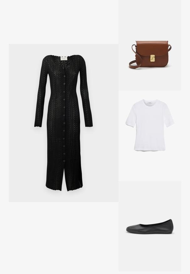 Ilgas juodas megztas kardiganas su V formos iškirpte, ilgomis rankovėmis, mygtukų uždarymu ir sudėtingu nėrinių tipo raštu visame paviršiuje.; Balta trumpa rankovėmis marškinėliai, pagaminti iš pasiruošusio audinio. Apvali iškirptė, reguliari tinkamumas ir subtilūs siuvimo detalės. Be raštų ar grafikos.; Juodai odiniai baletai su apvaliu pirštu, lygi texture, minimalus siuvimo detales ir lanksčiu padų dizainu.; Ruda odinė rankinė su uždaromu dangteliu, aukso spalvos detalėmis, petneša ir lygiu paviršiumi. Kompaktiška stačiakampio formos.