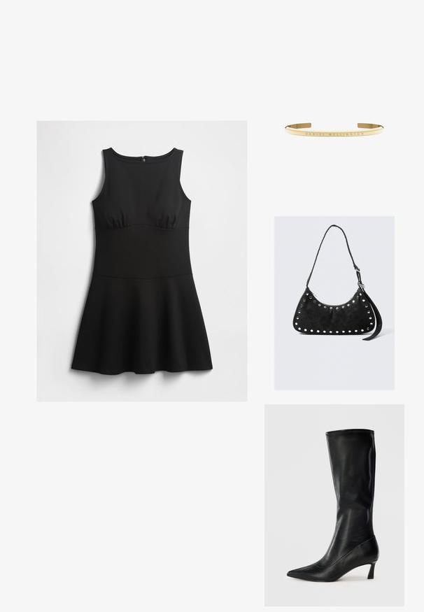 Melna bez piedurknēm kleita ar pieguļošu augšu, apaļu dekoltē un platām svārku daļām, izlikta uz balta fona.; Melnas ādas līdz ceļiem augstas zābaki ar smailu purngalu un pieticīgu papēdi. Gluda tekstūra un elegants dizains ar smalkiem šuvuma akcentiem.; Melnas mākslīgās ādas rokassomas ar izliekta formu, rotātas ar apaļiem metāla uzgaļiem gar malu, ar rāvējslēdzēja aizdari un garu siksnu.; Zelta toņa metāla aproce ar gludu, spīdīgu virsmu un iegravētu "DANIEL WELLINGTON" detaļu pa aproces malu.