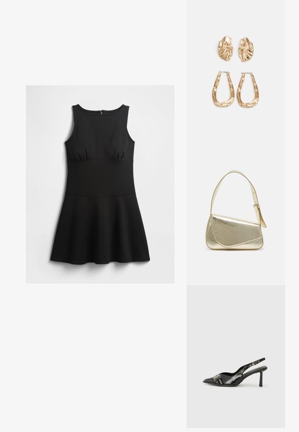 Ujjatlan fekete ruha, testhezálló felsőrésszel, kerek nyakkivágással és bővülő szoknyával, fehér háttér előtt síkban elhelyezve.; Fekete lakk bőr, hegyes orrú slingback cipő, boka pántokkal, ezüst csatokkal és hardverelemekkel, valamint karcsú sarkú.; Arany fémes kézi táska, strukturált dizájnnal, sima felülettel és állítható pánttal. Egyedi háromszög alakú, minimalistának mondható varrásokkal rendelkezik.; Aranyszínű fülbevalók, texturált, hullámos formákkal. Tartalmazza a szobrászati klipszes studokat és az open hoop kialakítást, kalapácsos felülettel.