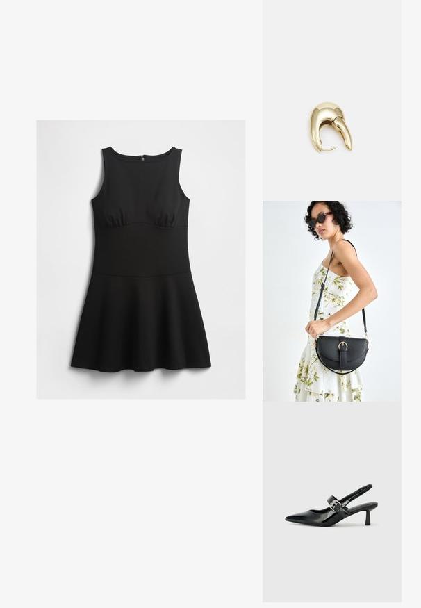 Črna obleka brez rokavov z oprijetim zgornjim delom, okroglo izrezom in razširjenim krilom, prikazana na ravni površini na belem ozadju.; Črne patent usnjene slingback pete s koničastim nosom in majhnim blok peto, ki vključujejo srebrno zaponko na traku.; Črna usnjena torbica s ukrivljeno obliko, z odstranljivo naramnico in zlatimi dodatki. Torbica ima pokrov s podrobnostmi v obliki zaponke.; Uhane nakit iz zlatastega tona z gladko, ukrivljeno zasnovo. Ima edinstveno koničasto obliko, polirano površino in zaponko s tečajem.