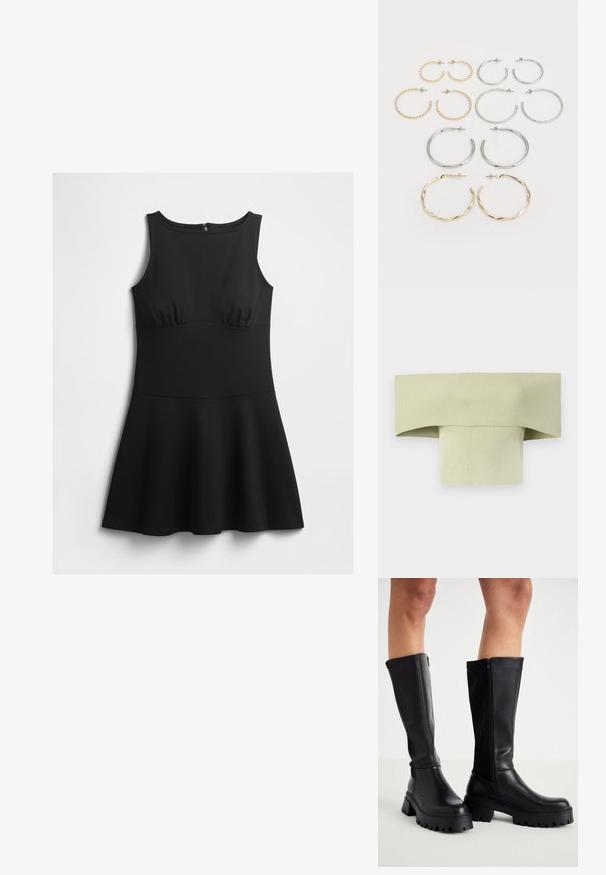 Ujjatlan fekete ruha, testhezálló felsőrésszel, kerek nyakkivágással és bővülő szoknyával, fehér háttér előtt síkban elhelyezve.; Ráncolt, vállpánt nélküli, világoszöld felső széles, hajtott nyakkivágással és szűk, testhez simuló fazonnal, elasztikus anyagból készült.; Fekete, térd fölé érő csizmák sima műbőrből, vastag talppal, oldalsó cipzárral és lekerekített orral.; Tizenkét darabból álló fülgyűrű készlet ezüst és arany árnyalatokban. Csavarodott, sima és texturált mintázatokat ölel fel, különböző méretekben és felületekkel.
