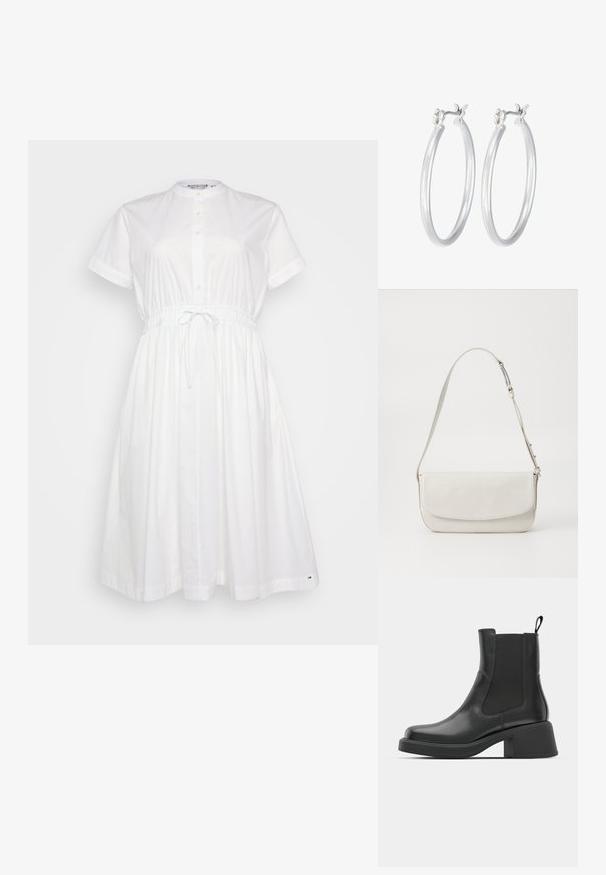 Balts kokvilnas kleita ar īsām piedurknēm, pogu priekšpusi, elastīgu jostu un regulējamu sašaurinājumu; ir brīvs, plūstošs piegriezums.; Melna ādas potītes zābaki ar elastīgām sānu daļām, noapaļota purngala forma un masīls blokveida papēdis. Gluda tekstūra un minimālisma dizains.; Balta ādas plecu soma ar gludu virsmu, taisnstūra formā, ar atloku aizdari un regulējamu siksnu. Vienkārša šuvju detaļa.; Sudraba riņķveida auss gredzeni ar gludu, pulētu apdari. Apaļa forma un drošs klikšķa augšējais slēgums. Viegls dizains, kas piemērots ikdienas valkāšanai.