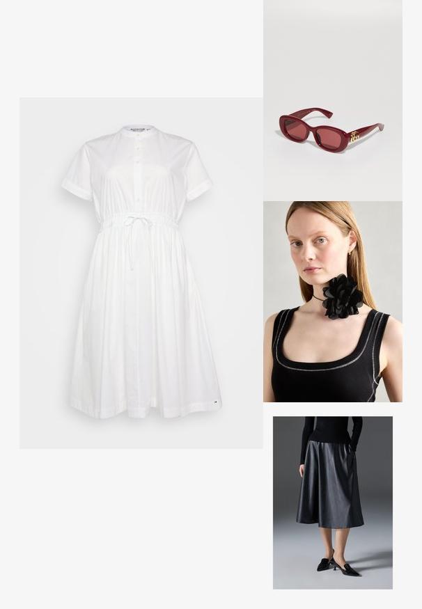 Abito di cotone bianco con maniche corte, chiusura a bottoni frontale, vita elasticizzata e coulisse regolabile; presenta una vestibilità ampia e fluida.; Gonna midi in pelle nera con una texture liscia; presenta una vita e tasche laterali. Abbinata a scarpe col tacco nere lucide.; Occhiali da sole rossi in plastica con montatura rettangolare, lenti colorate e un accento dorato con il logo sulle aste. Finitura liscia e lucida.; Collana choker a forma di fiore nero realizzata con petali sovrapposti, indossata con un top a coste nero che presenta accenti argentati lungo il colletto e le spalle.