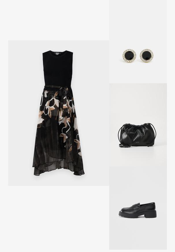 DKNY A LINE - Robe de soirée - black/print/ black multi; Mocassins en cuir noir avec une finition texturée, dotés d'une sangle rectangulaire sur le dessus du pied et d'un design de semelle épaisse à relief.; Sac à main en cuir noir avec un design froncé, fermeture à double cordon et bandoulière amovible. Présente un détail de logo métallique.; DKNY INLAY STUD - Boucles d'oreilles - black/gold-coloured
