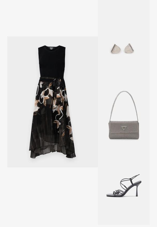 DKNY A LINE - Koktailové šaty/večierkové šaty - black/print/ black multi; Čierne sandále na vysokom podpätku majú tenké remienky s uzlovým dizajnom, hladký štvorcový špičku a elegantný stiletto podpätok.; Svetlošedá metalická kabelka s reťazovým popruhom, ozdobená malými kruhovými kovovými štítkami a trojuholníkovým logom značky.; Strieborné kovové náušnice s hladkým tvarom kvapky a lesklým povrchom. Jemné rytiny pridávajú detail. Minimalistický dizajn.