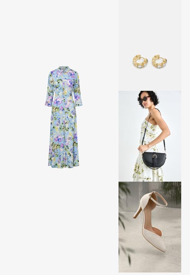 Vestido midi floral em tecido azul claro, com flores roxas, amarelas e verdes. Frente com botões, gola e mangas três-quartos.; Shoe de salto alto branco em material suave com bico pontudo e tira no tornozelo. Apresenta um interior em tom claro de bege e detalhes em tom dourado.; Bolsa de couro preta com forma curva, alça destacável e detalhes em dourado. A bolsa possui uma aba com detalhe de fivela.; Brincos de argola dourados com um design texturizado e três cristais transparentes em um lado, oferecendo uma estética geométrica moderna.